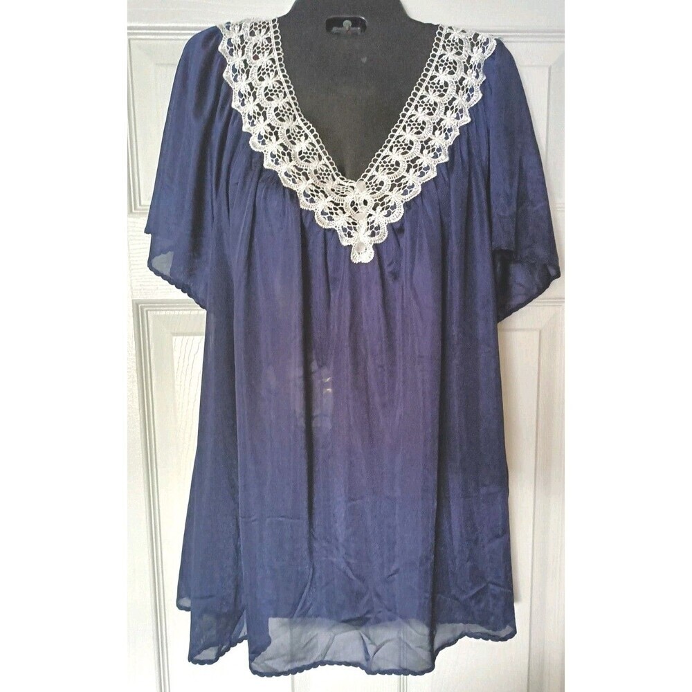 Vintage Granada Babydoll Sleep Top Size Large Satin Sheer Blue Embroidered Lace